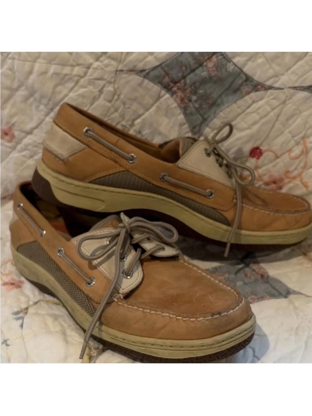 Sperry Top-Sider Men's Leather Mesh Boat Shoes Lace-Up Brown Beige 12 M